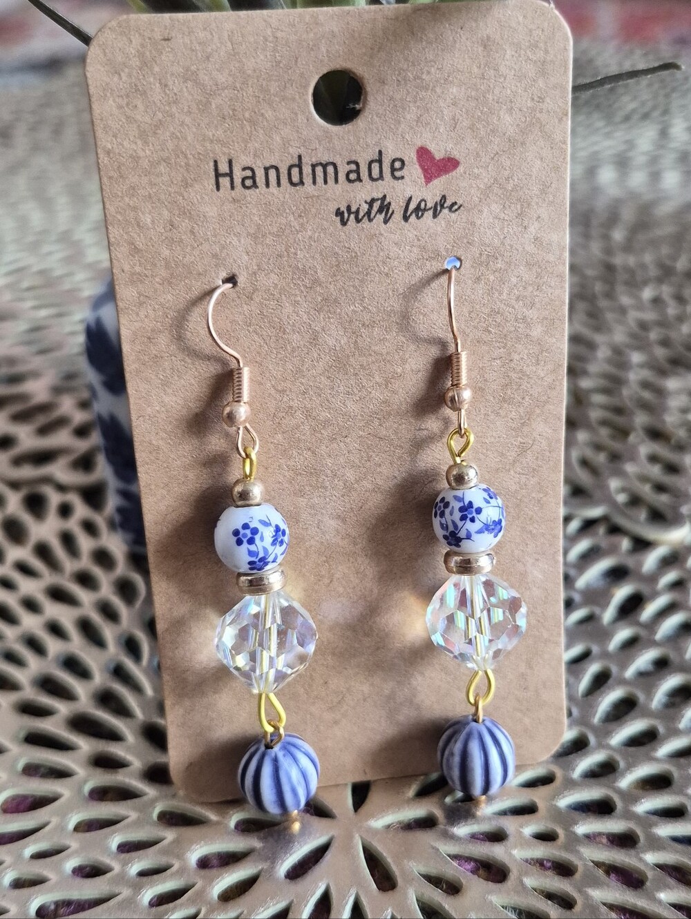 Handmade Blue Floral & Crystal Dangle Earrings